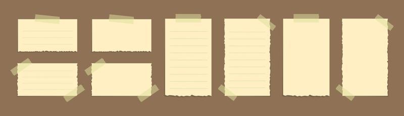 Torn yellow sticky note vector illustration set. Taped office memo paper mockup template.