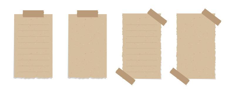 Taped vintage brown torn paper illustration set. Recycled memo note paper with adhesive tape mockup.