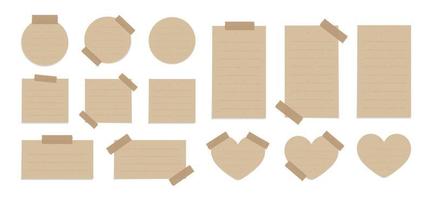 Vintage brown taped paper note set. Recycled memo paper with adhesive tape template mockup vector