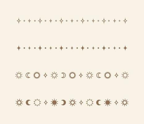 Celestial mystic separator set with sun, stars, moon phases, crescents. Ornate boho magical divider decorative element
