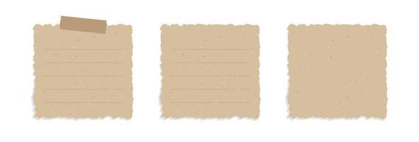 Square vintage brown torn paper illustration set. Recycled memo note paper with adhesive tape. vector