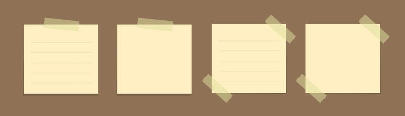 Yellow sticky note vector illustration set. Taped square office memo paper template mockup.