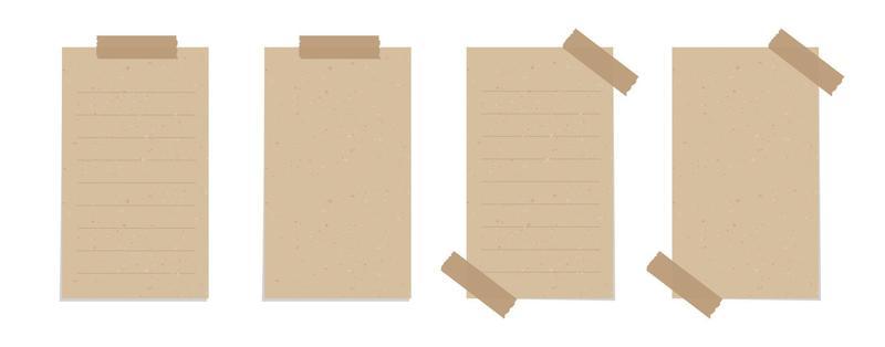 Taped vintage brown torn paper illustration template set. Recycled memo note paper with adhesive tape.