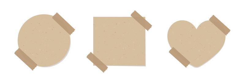 Aesthetic vintage brown paper note set. Recycled memo paper with adhesive tape vector illustration.