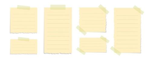 Torn yellow sticky note vector illustration set. Taped office memo paper mockup template.