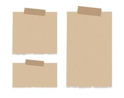 Vintage brown torn paper note set. Recycled memo paper with adhesive tape vector illustration.