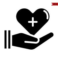 medicine in heart with in over hand glyph icon vector