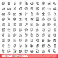 100 battery icons set, outline style vector
