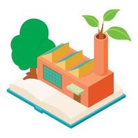 Green production icon isometric vector. Factory with green branch from pipe book vector