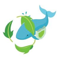 Ocean protection icon isometric vector. Blue whale in leaf circle behind shield vector