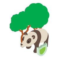 Animal protection icon isometric vector. Panda under tree protected by shield vector