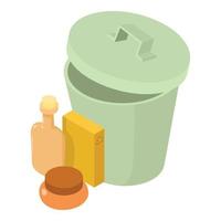 Plastic pollution icon isometric vector. Empty cosmetic packaging near trash can vector