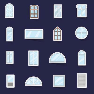 Window design types icons set vector sticker