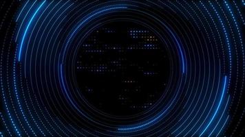 Abstract technology background with rotating blue glowing neon circles with dashed lines and flashing amber and blue data lights. Full HD and a seamless loop. video