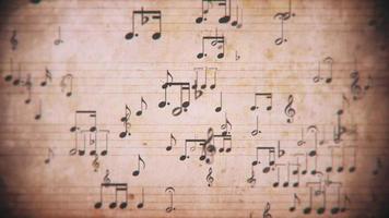 Jahrgang Blatt Musik- Notation Manuskript mit Mitarbeiter Linien und Musical Anmerkungen ziehen um sanft über das Blatt. diese retro, Grunge gestylt Bewegung Hintergrund ist ein nahtlos Schleife. video