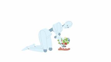 Animated robotics in horticulture. Agricultural robot planting strawberries. Flat character animation white background with alpha channel transparency. Color cartoon style 4K video footage