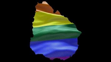 Uruguay country shape territory outline with LGBT rainbow flag background waving animation. Concept of the situation with gay marriage and tolerance for LGBT or LGBTQ plus. 4K alpha channel video