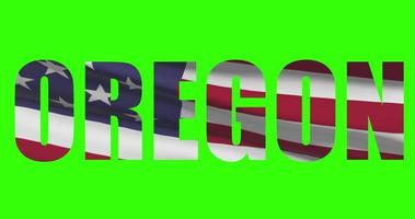 Oregon Zustand Name auf Grün Bildschirm Animation. USA Zustand Flagge winken video