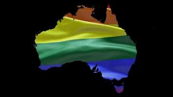 Australië land vorm gebied schets met lgbt regenboog vlag achtergrond golvend animatie. concept van de situatie met homo huwelijk en tolerantie voor lgbt of lgbtq plus. 4k alpha kanaal video