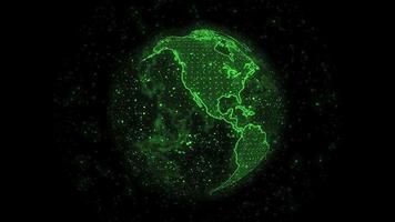 Terre planète sphère filage sur noir Contexte. vert Terre globe silhouette. illustration de technologie, numérique nouvelles, il réseau video