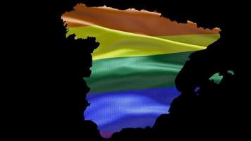 Spanje land vorm gebied schets met lgbt regenboog vlag achtergrond golvend animatie. concept van de situatie met homo huwelijk en tolerantie voor lgbt of lgbtq plus. 4k alpha kanaal video