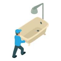 Plumbing delivery icon isometric vector. Delivery service worker carry new bath vector