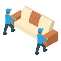 Sofa delivery icon isometric vector. Two delivery service worker carry new sofa vector