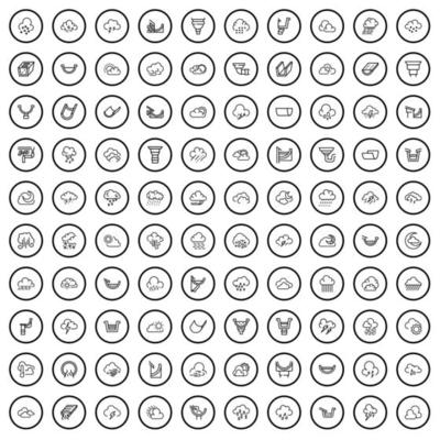 100 rain icons set, outline style