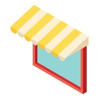 Diner window icon isometric vector. Large square window with striped canopy icon vector