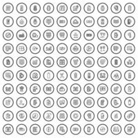 100 battery icons set, outline style vector