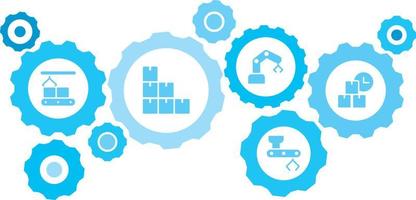 Connected gears and vector icons for logistic, service, shipping, distribution, transport, market, communicate concepts. Mass, production, conveyor gear blue icon set on white background