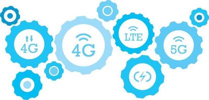 conectado engranajes y vector íconos para logístico, servicio, envío, distribución, transporte, mercado, comunicar conceptos. 4g, señal, flechas engranaje azul icono conjunto en blanco antecedentes