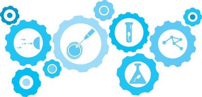 Connected gears and vector icons for logistic, service, shipping, distribution, transport, market, communicate concepts. Cell, artificial insemination gear blue icon set .