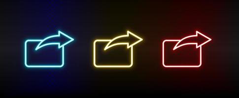 send, share neon icon set. Set of red, blue, yellow neon vector icon on dark transparent background