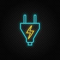 Electrical plug. Blue and yellow neon vector icon. Transparent background.