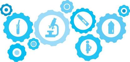 Connected gears and vector icons for logistic, service, shipping, distribution, transport, market, communicate concepts. Feeding bottle gear blue icon set .