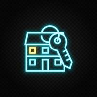 Real estate vector accommodation, apartment, house, key. Illustration neon blue, yellow, red icon set