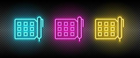 tasks, todo vector icon yellow, pink, blue neon set. Tools vector icon on dark transparency background