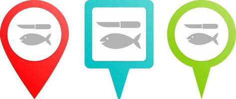 Fish and a knife pin icon. Multicolor pin vector icon, diferent type map and navigation point.