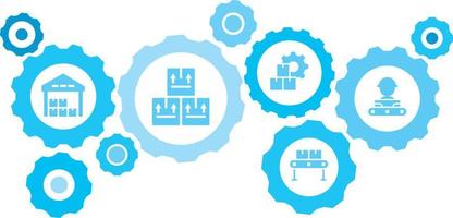 Connected gears and vector icons for logistic, service, shipping, distribution, transport, market, communicate concepts. Mass, production, conveyor, man gear blue icon set on white background