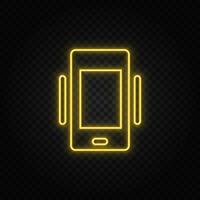 Yellow neon icon phone, vibrate. Transparent background. Yellow neon vector icon on dark background