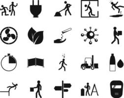 HSE concept, occupational safety and health workers, repair, production factory and environment, labor preventive instructions, worker protection vector icon set on white background