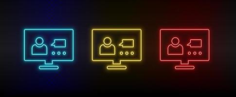 Neon icon set computer, video, conference, users. Set of red, blue, yellow neon vector icon on dark transparent background