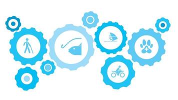 Veterinarian gear blue icon set. Abstract background with connected gears and icons for logistic, service, shipping, distribution, transport, market, communicate concepts vector