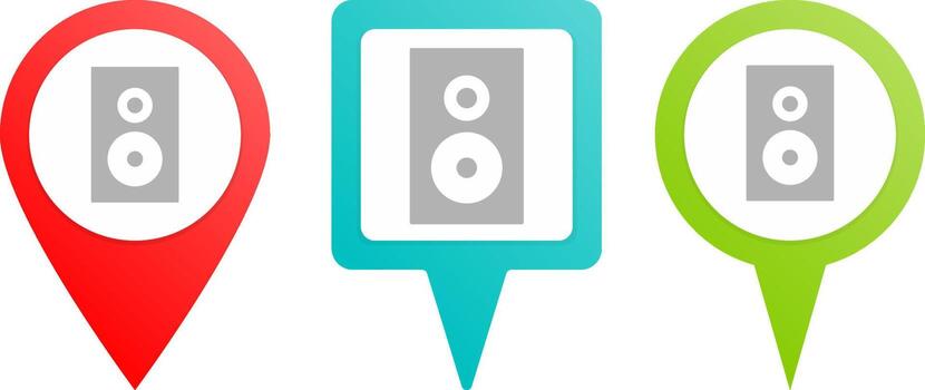 Speaker pin icon. Multicolor pin vector icon, diferent type map and navigation point.