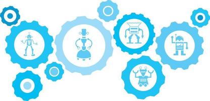 Robot, icon, technology blue gear set. Abstract background with connected gears and icons for logistic, service, shipping, distribution, transport, market, communicate concepts on white background vector