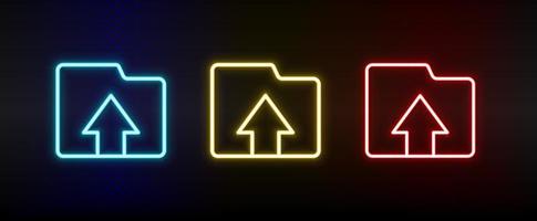 folder, storage, upload neon icon set. Set of red, blue, yellow neon vector icon on dark transparent background