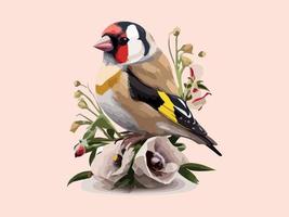 Watercolor european goldfinch bird and sparrow vector illustration Realistic hand drawn Painting, On branches decorated by leaves and flowers, White isolated background.