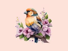 Watercolor Red crossbill bird  sparrow  vector illustration Realistic hand drawn Painting, On branches decorated by leaves and flowers, White isolated background.
