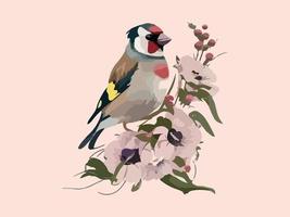 Watercolor european goldfinch bird and sparrow vector illustration Realistic hand drawn Painting, On branches decorated by leaves and flowers, White isolated background.